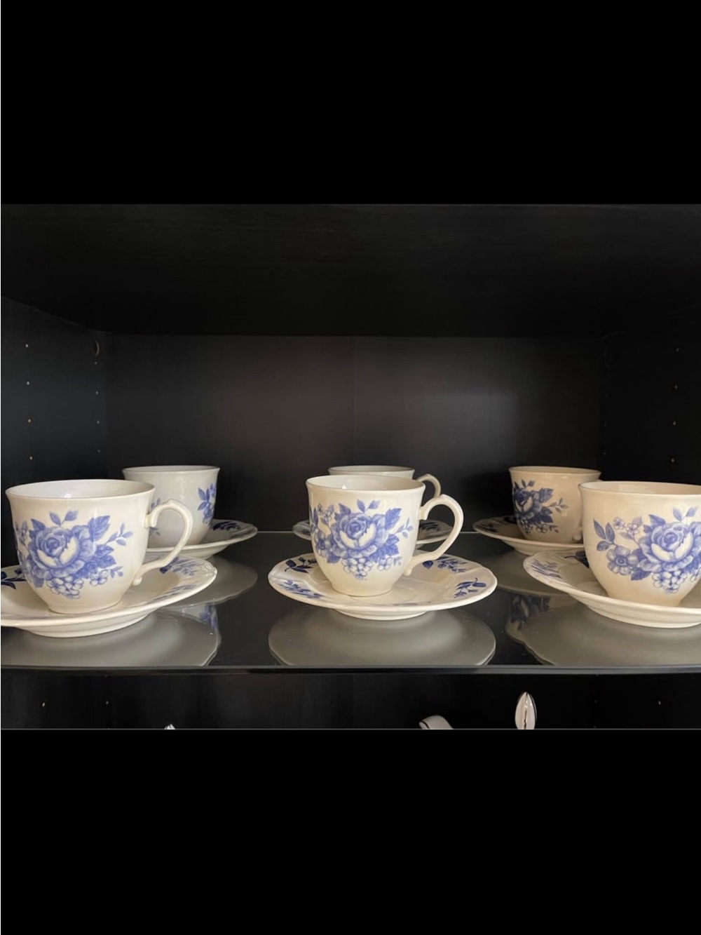 Blue Floral Teacup and Saucer Set - 6 Pieces